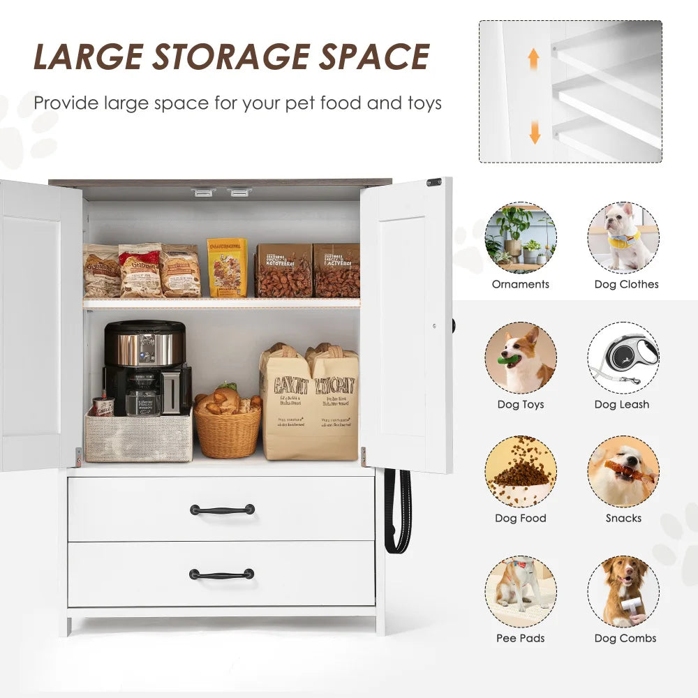 Dog feeding station, double door locker with 2 adjustable dog bowls, 3 hooks on right side, white