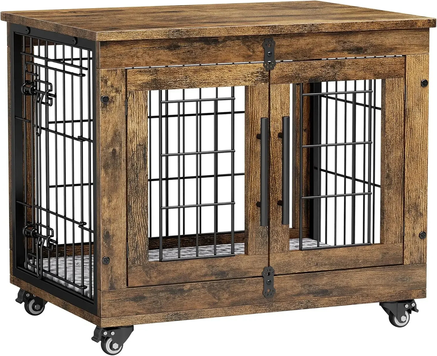 Dog Kennel Indoor Double Doors Wooden Dog Cage, Heavy Duty Dog Crate with Cushion&Wheels,Decorative End Table Pet House