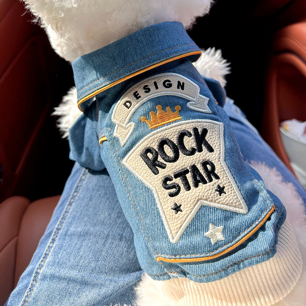 Rock Embroidery Blue Jacket Pet Clothes Dog Cat Spring Handsome Out Traction Clothes