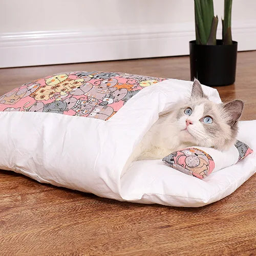 Cat Bed Warm Cat Sleeping Bag Deep Sleep Cave Winter Removable Pet House Bed for Cats Dogs Nest Cushion with Pillow