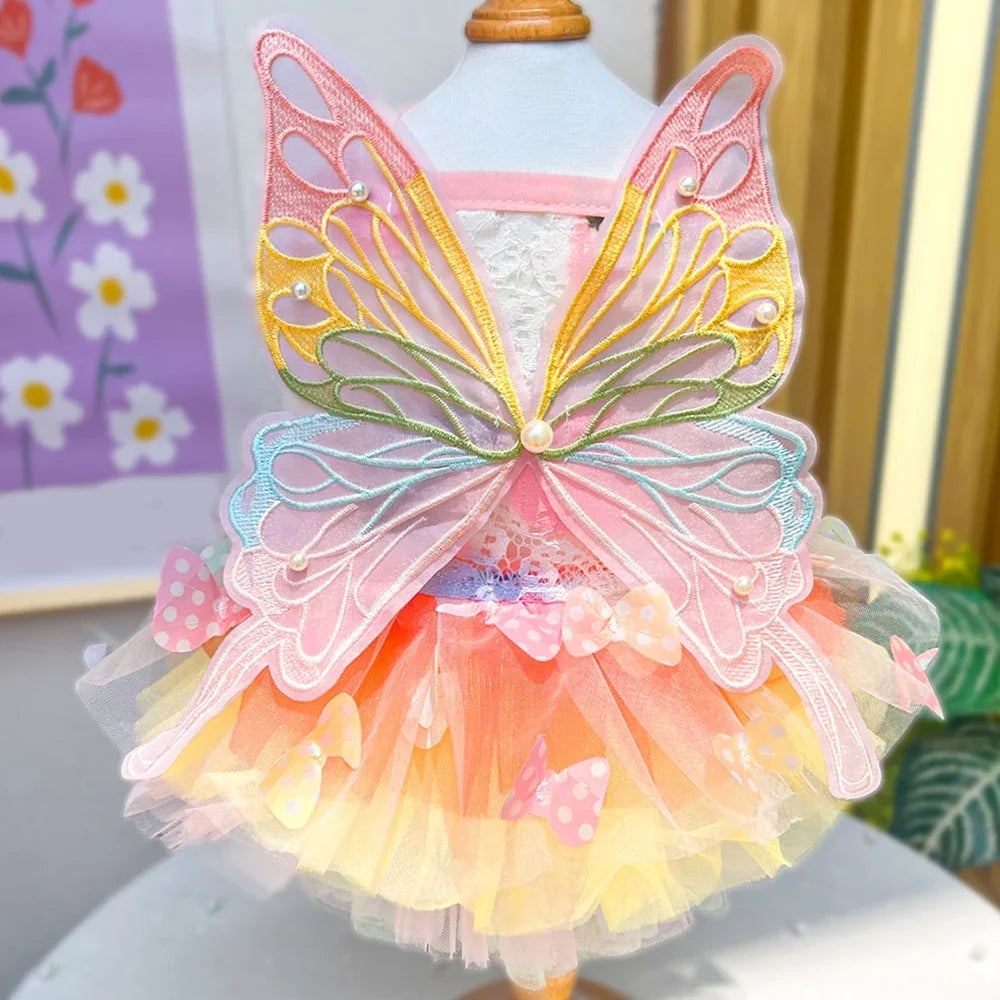 Dog Cat Butterfly Princess Dress Clothes Mesh Lace Pearl Puppy Wedding Skirt For York Chihuahua Poodle Small Dog Dresses Summer
