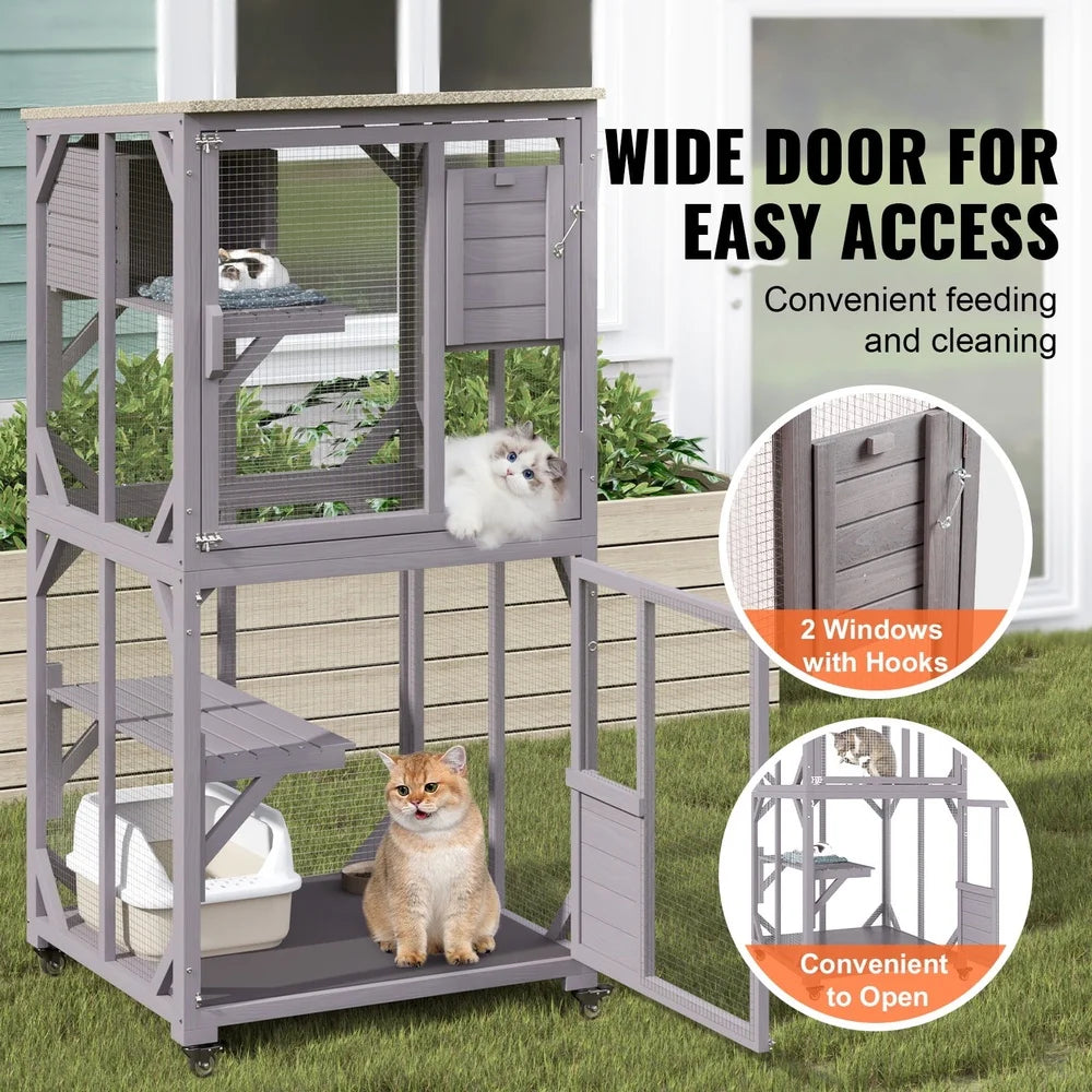 3-Tier Outdoor Cat House with Waterproof Roof Galvanized Wire Mesh Lockable Wheels Easy Mobility Large Playpen Cats