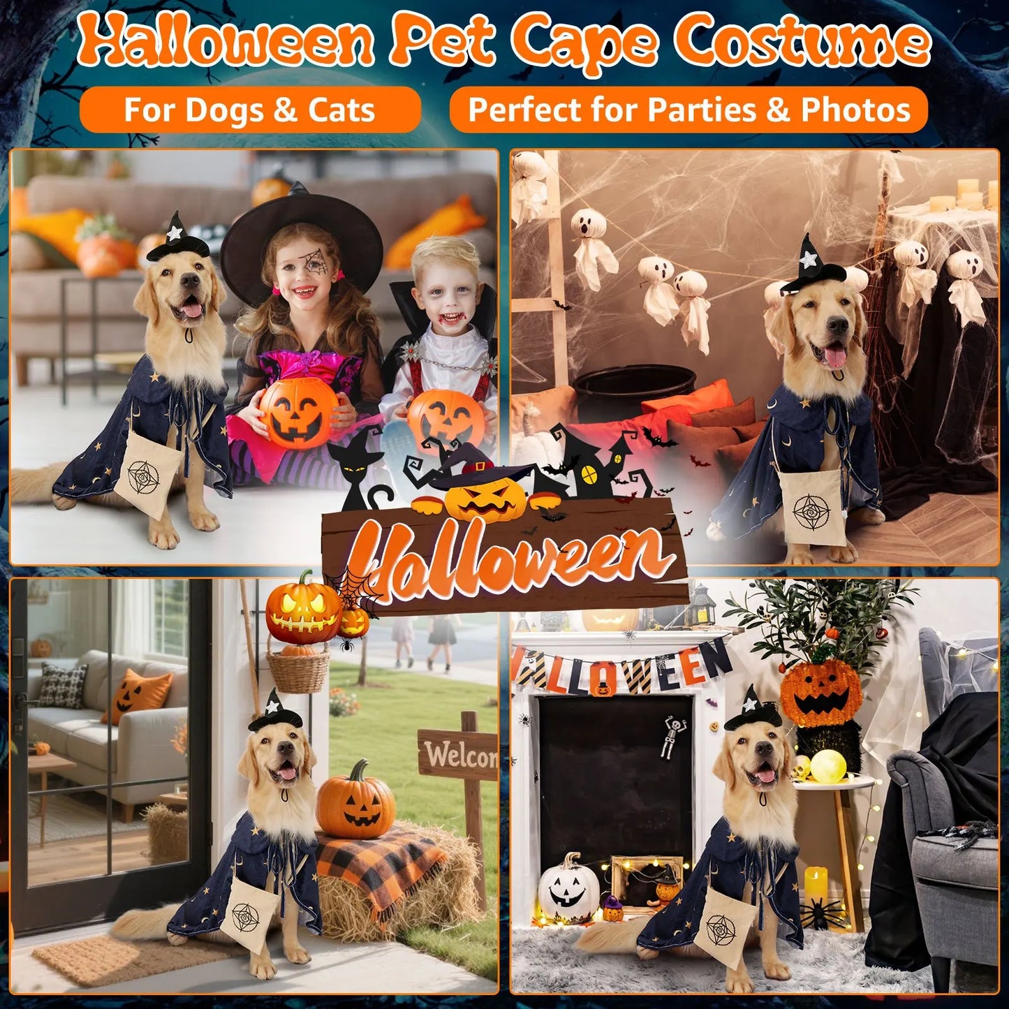 Halloween Dog Outfit with Attached Treat Pocket Cape and Matching Hat for small middle Large Deluxe Breeds