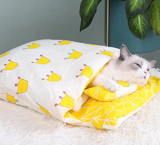 Cat Bed Warm Cat Sleeping Bag Deep Sleep Cave Winter Removable Pet House Bed for Cats Dogs Nest Cushion with Pillow