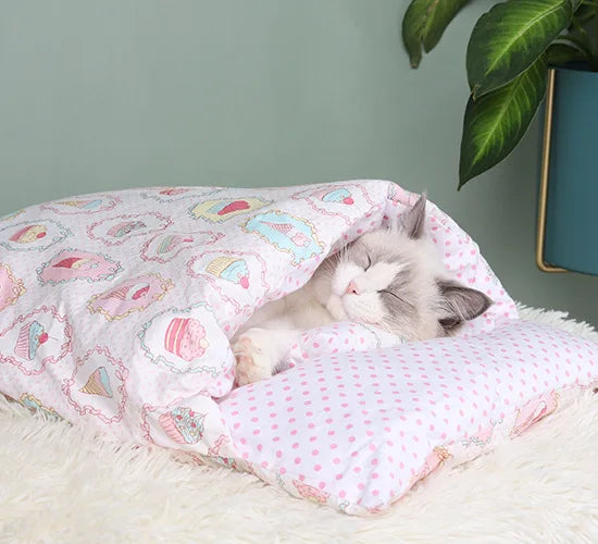 Cat Bed Warm Cat Sleeping Bag Deep Sleep Cave Winter Removable Pet House Bed for Cats Dogs Nest Cushion with Pillow