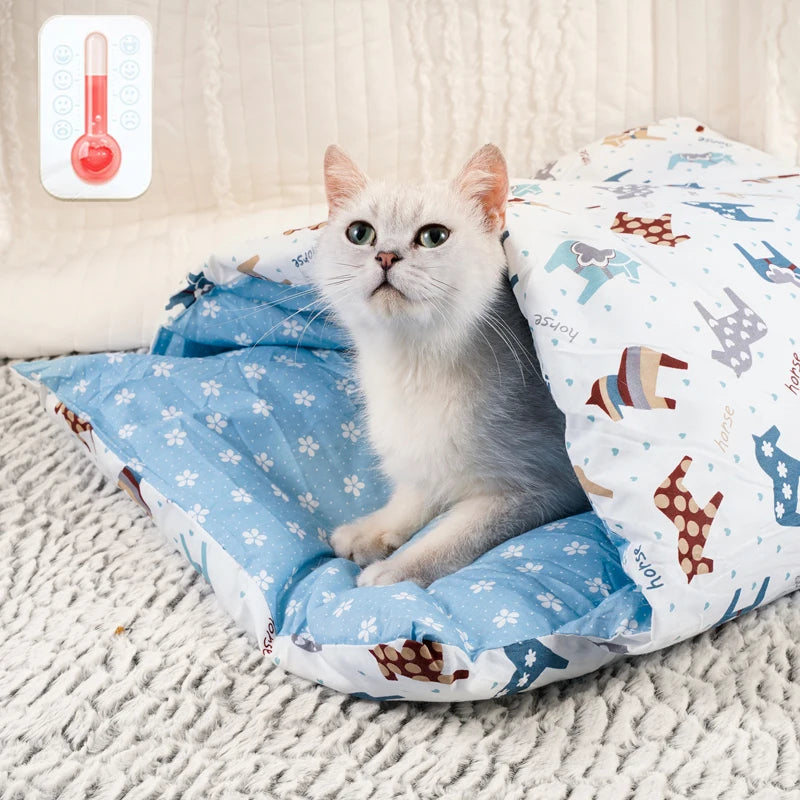 Cat Bed Warm Cat Sleeping Bag Deep Sleep Cave Winter Removable Pet House Bed for Cats Dogs Nest Cushion with Pillow