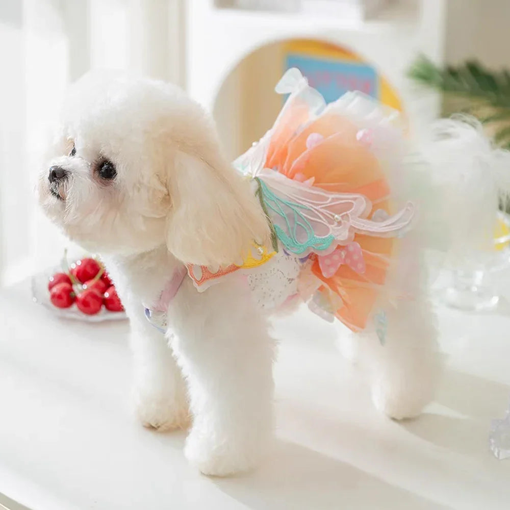 Dog Cat Butterfly Princess Dress Clothes Mesh Lace Pearl Puppy Wedding Skirt For York Chihuahua Poodle Small Dog Dresses Summer