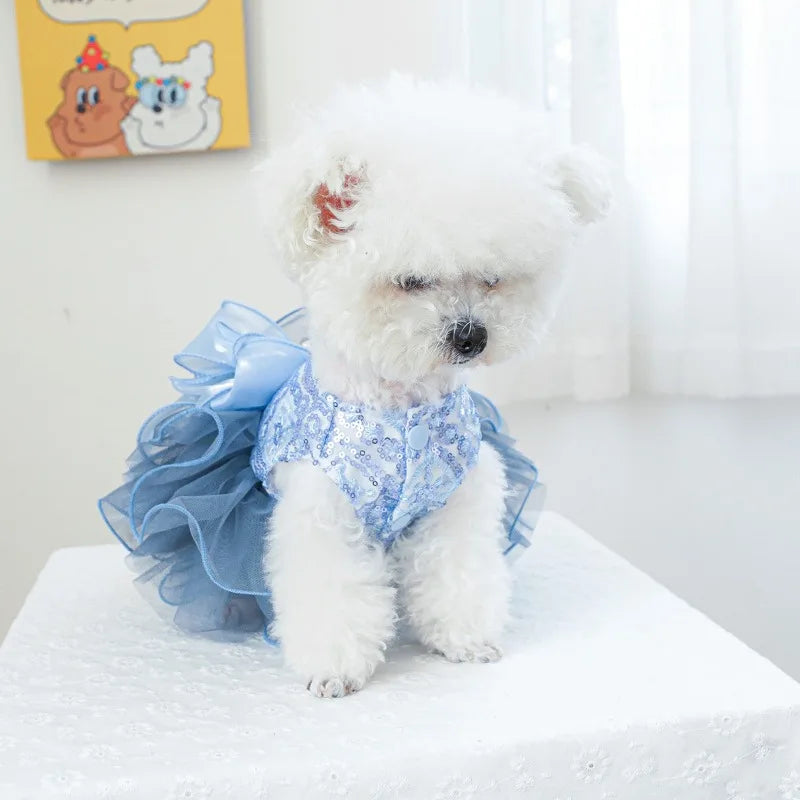Pet Dog Cat Universal Clothing Fluffy Gauze Blue Galaxy Wedding Dress Take Photos and Dress Up for Weddings Festivals Gatherings