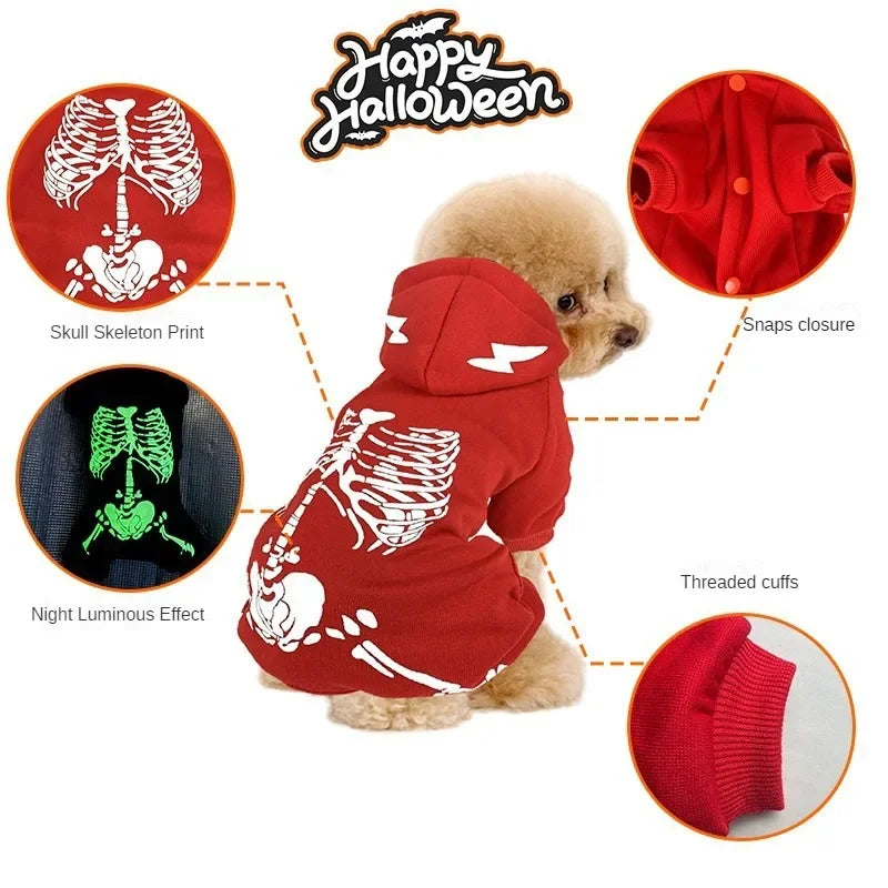 Pet Halloween clothing four-foot hoodie small dog skeleton shape glow-in-the-dark skeleton autumn and winter clothing