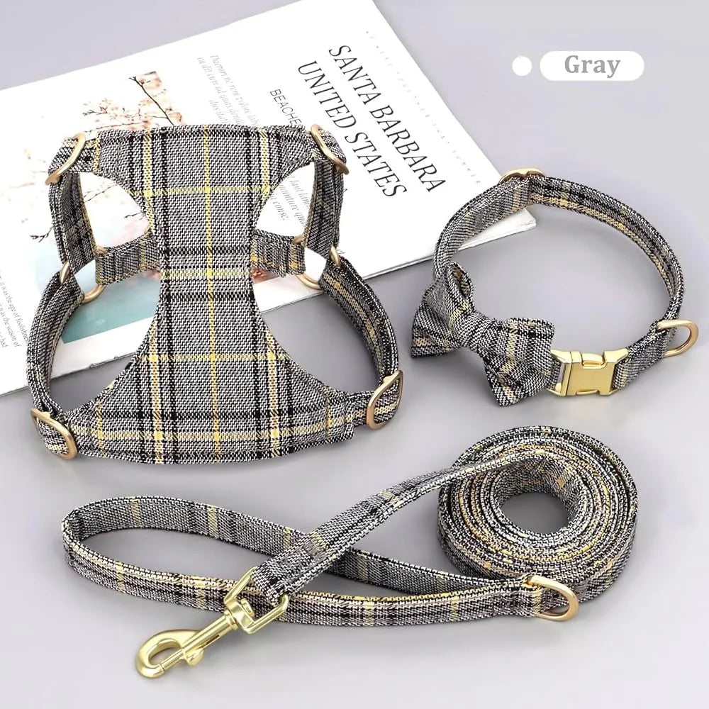 Cute Small Dog Harness Set Adjustable Soft Plaid Pet Collar Leash Bowtie Puppies Walking Parties Comfort Durable Design
