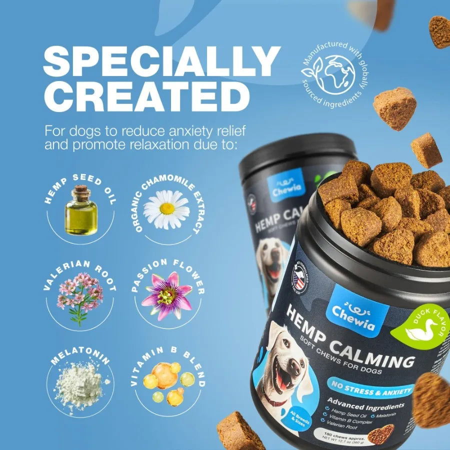 Hemp Calming Chews for Dogs Anxiety Dog Calming Treats with Melatonin Valerian Root Chamomile Extract Vitamin B Complex Canine