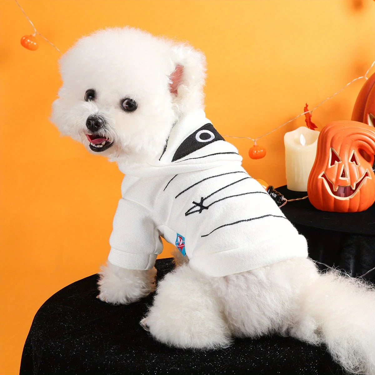 Halloween Mummy Sweater Pet Clothes Dog Cat White Warm Funny Embroidered Open Button Hooded Jacket
