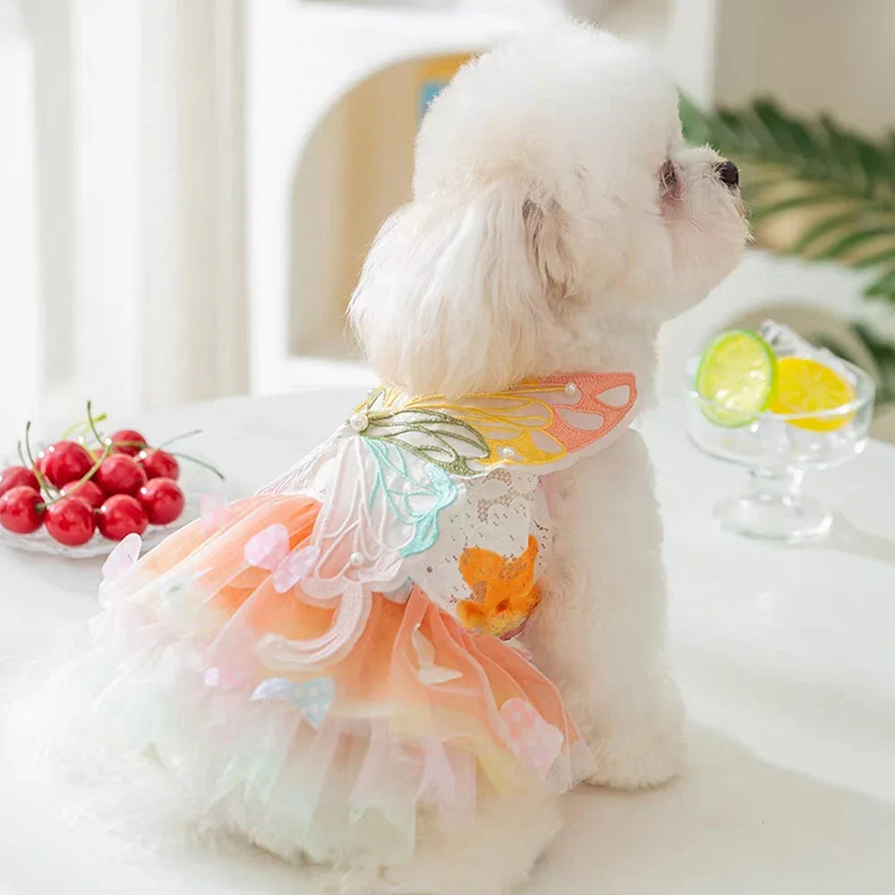 Dog Cat Butterfly Princess Dress Clothes Mesh Lace Pearl Puppy Wedding Skirt For York Chihuahua Poodle Small Dog Dresses Summer