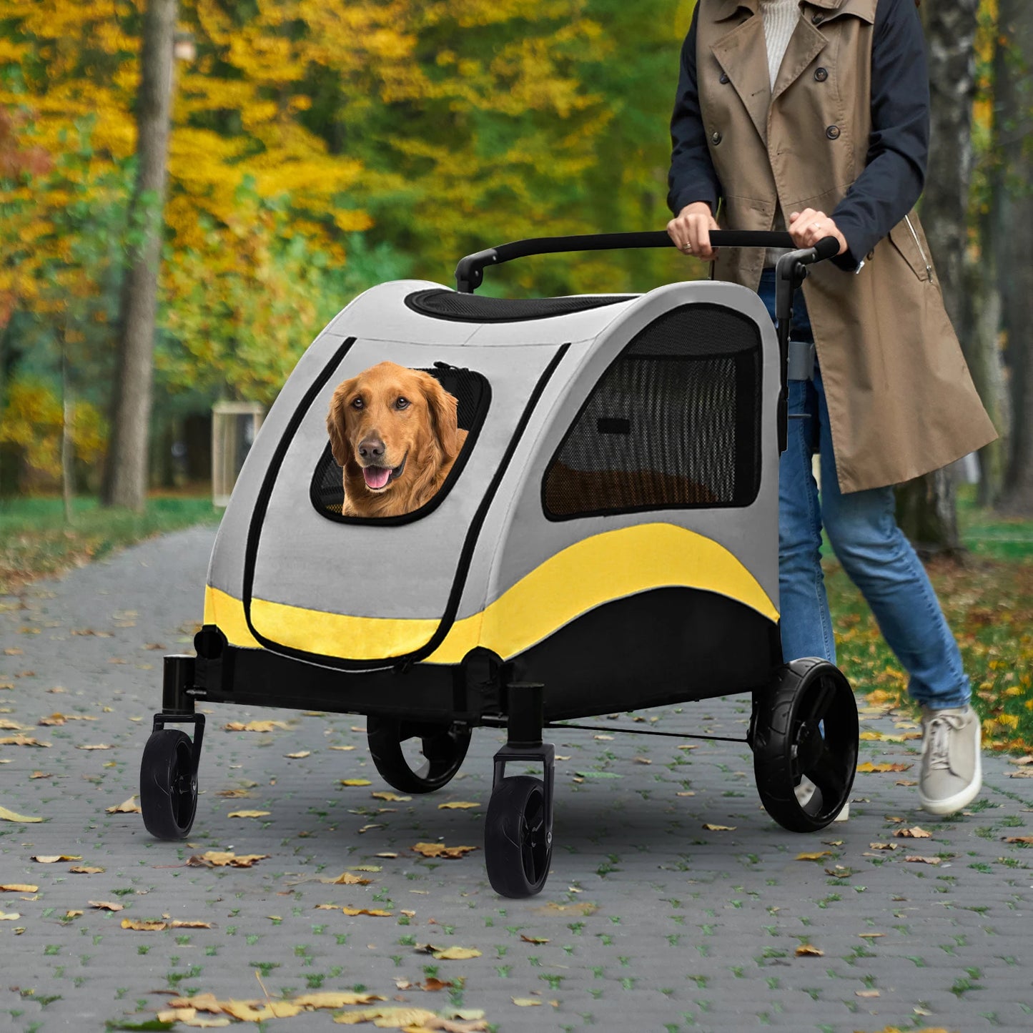 Heavy Duty Large Dog Stroller Buggy 4 Wheels Pet Jogger Pram Doggy Pushchair Brakes Foldable Travel Cart Carriage Zipper Entry