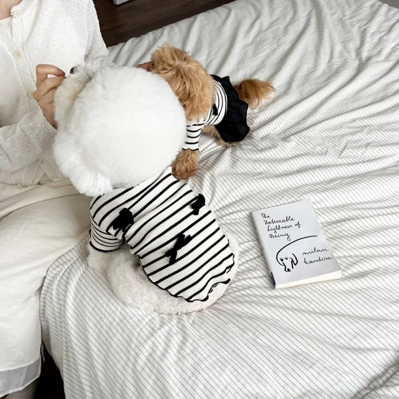 Summer Pet Bow Puppy Shirt Collar Strap Fashion Flying Sleeve Striped Dog Dress Black White Dress Teddy for Small Dog Clothes