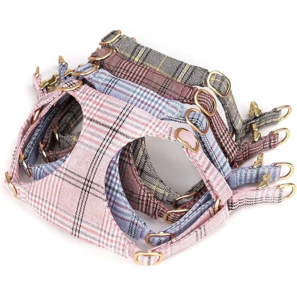 Cute Small Dog Harness Set Adjustable Soft Plaid Pet Collar Leash Bowtie Puppies Walking Parties Comfort Durable Design