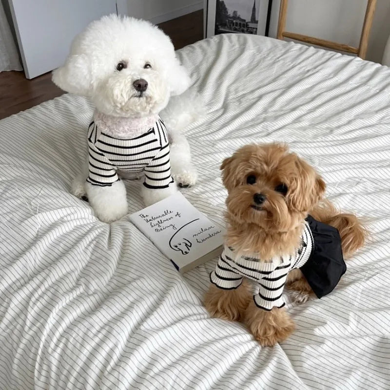 Summer Pet Bow Puppy Shirt Collar Strap Fashion Flying Sleeve Striped Dog Dress Black White Dress Teddy for Small Dog Clothes