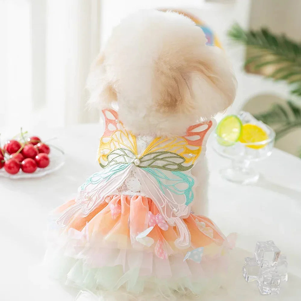 Dog Cat Butterfly Princess Dress Clothes Mesh Lace Pearl Puppy Wedding Skirt For York Chihuahua Poodle Small Dog Dresses Summer