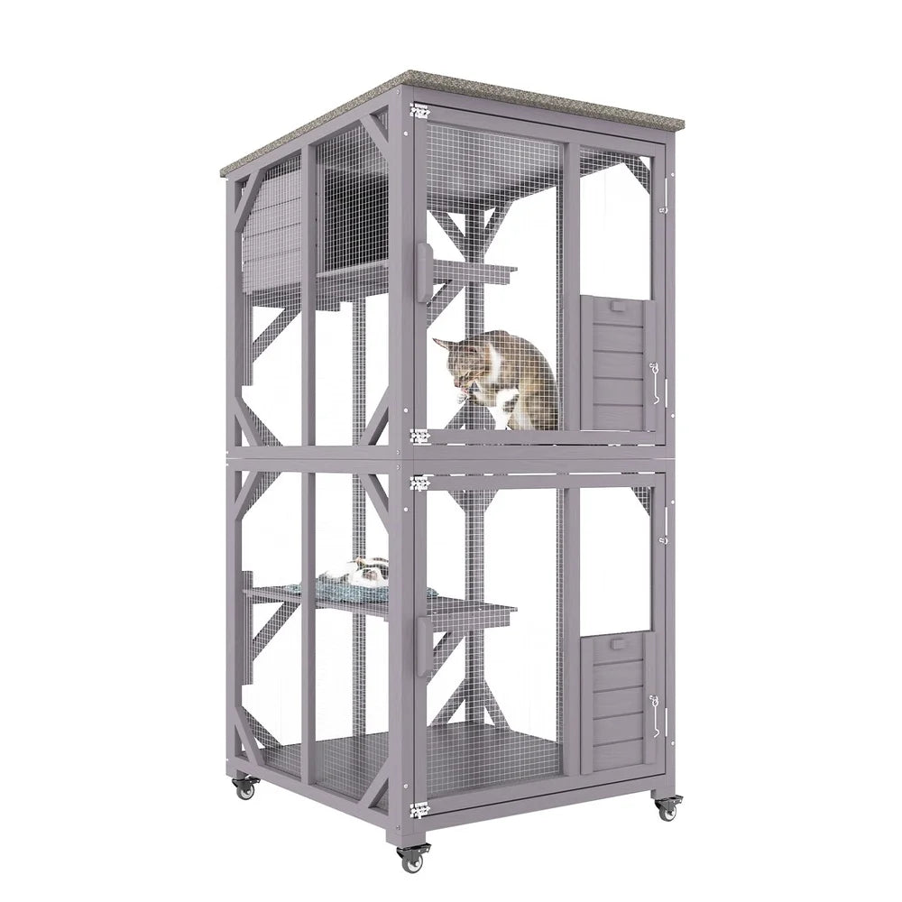 3-Tier Outdoor Cat House with Waterproof Roof Galvanized Wire Mesh Lockable Wheels Easy Mobility Large Playpen Cats