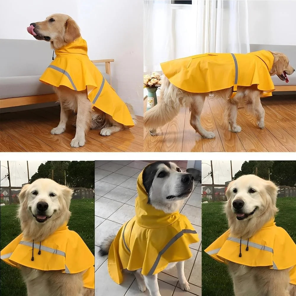 Large Dog Raincoat Waterproof Adjustable Lightweight Pet Poncho Hoodies Reflective Strip Outdoor Rain Jacket Wet Weather