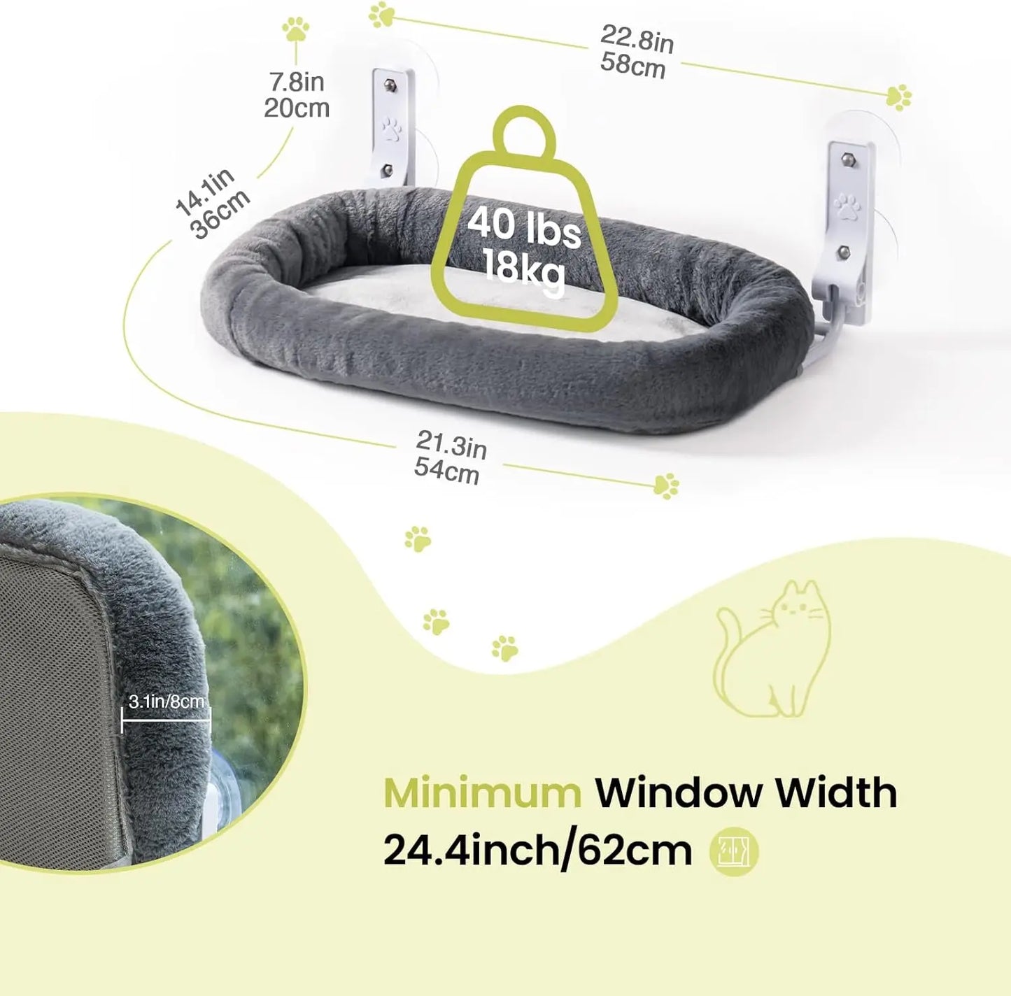 Mewoofun Foldable Cat Window Perch with 4 Strong Suction Cups  Cat Window Hammock Removable Soft Cover White Brown Green