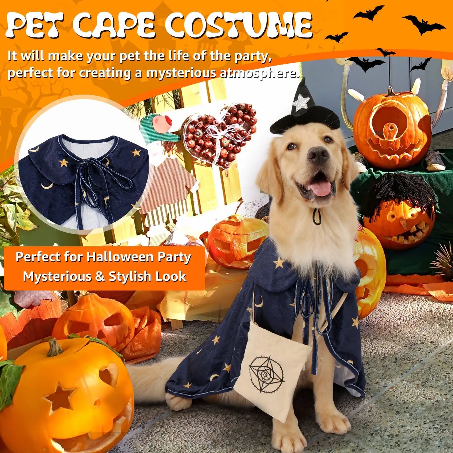 Halloween  Dog Outfit with Attached Treat Pocket Cape and Matching Hat for small middle Large Deluxe  Breeds