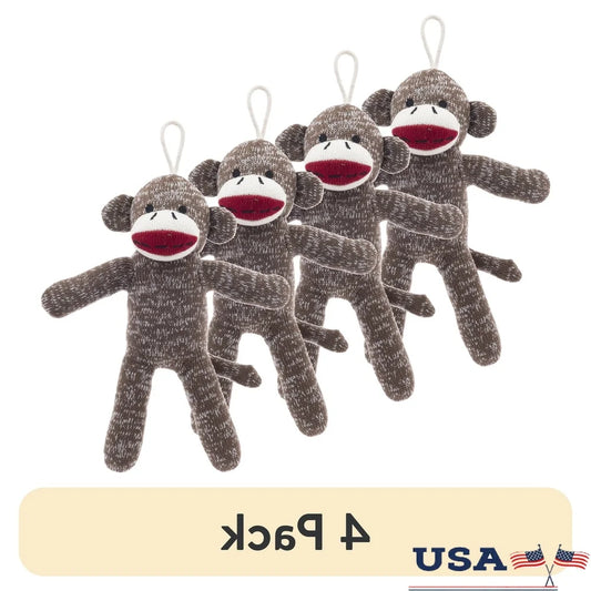 4 Pack Soft Sock Monkey Dog Toy Washable Chew Level 1 Squeaky Plush Cuddly Polyester Fiber Ideal Light Chewing