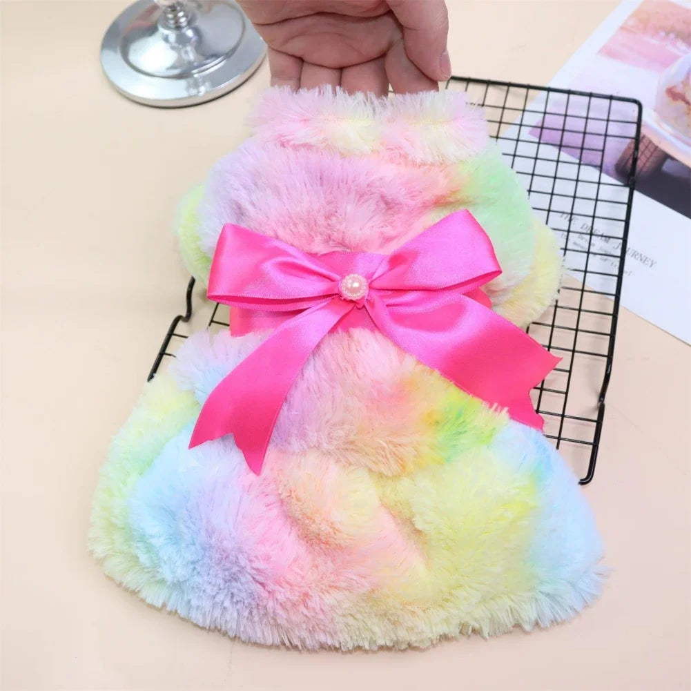 Winter Autumn Pet Warm Fashion Color Skirt Fleece Warm Rainbow Candy Color Cute Plush Skirt Leopard Print Bow Dog Clothes Dress