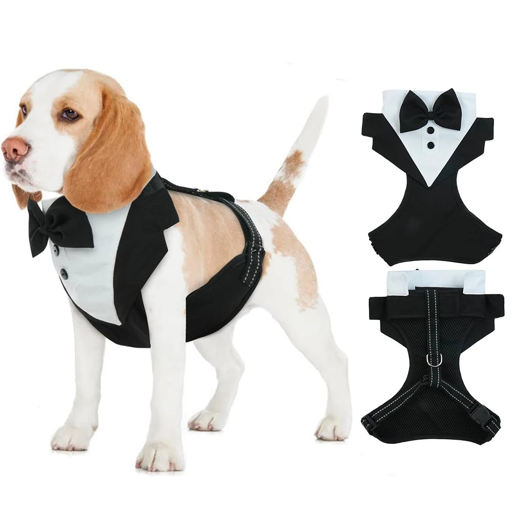 Dog Tuxedo Harness Breathable Engagement Birthday Valentines Costume Adjustable Bow Tie Pet Vest Harness for Small Medium Dogs