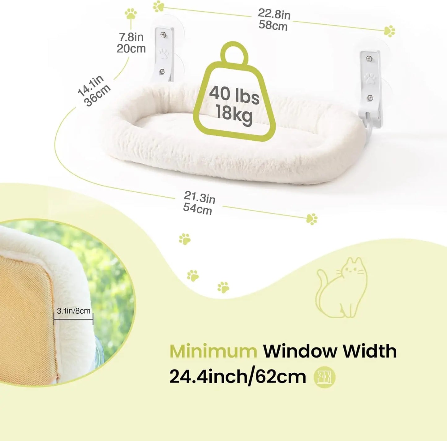 Mewoofun Foldable Cat Window Perch with 4 Strong Suction Cups  Cat Window Hammock Removable Soft Cover White Brown Green