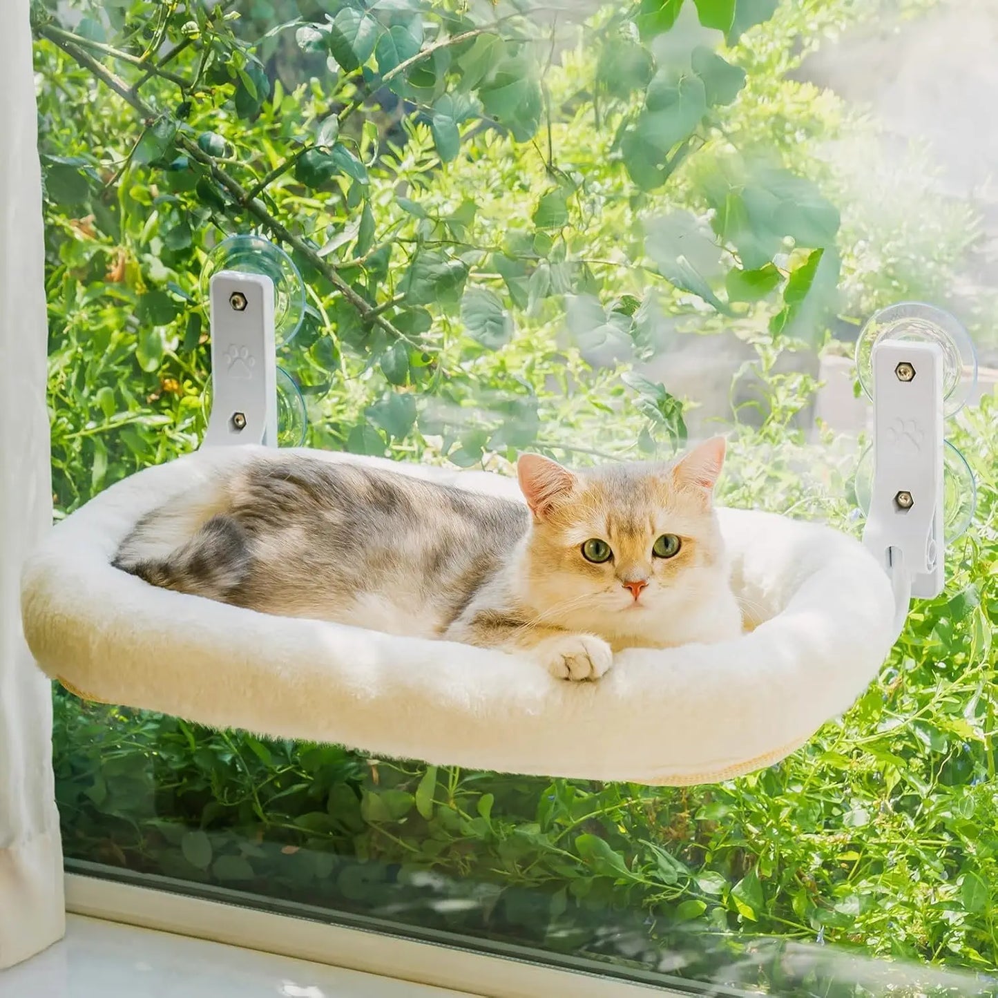 Mewoofun Foldable Cat Window Perch with 4 Strong Suction Cups  Cat Window Hammock Removable Soft Cover White Brown Green