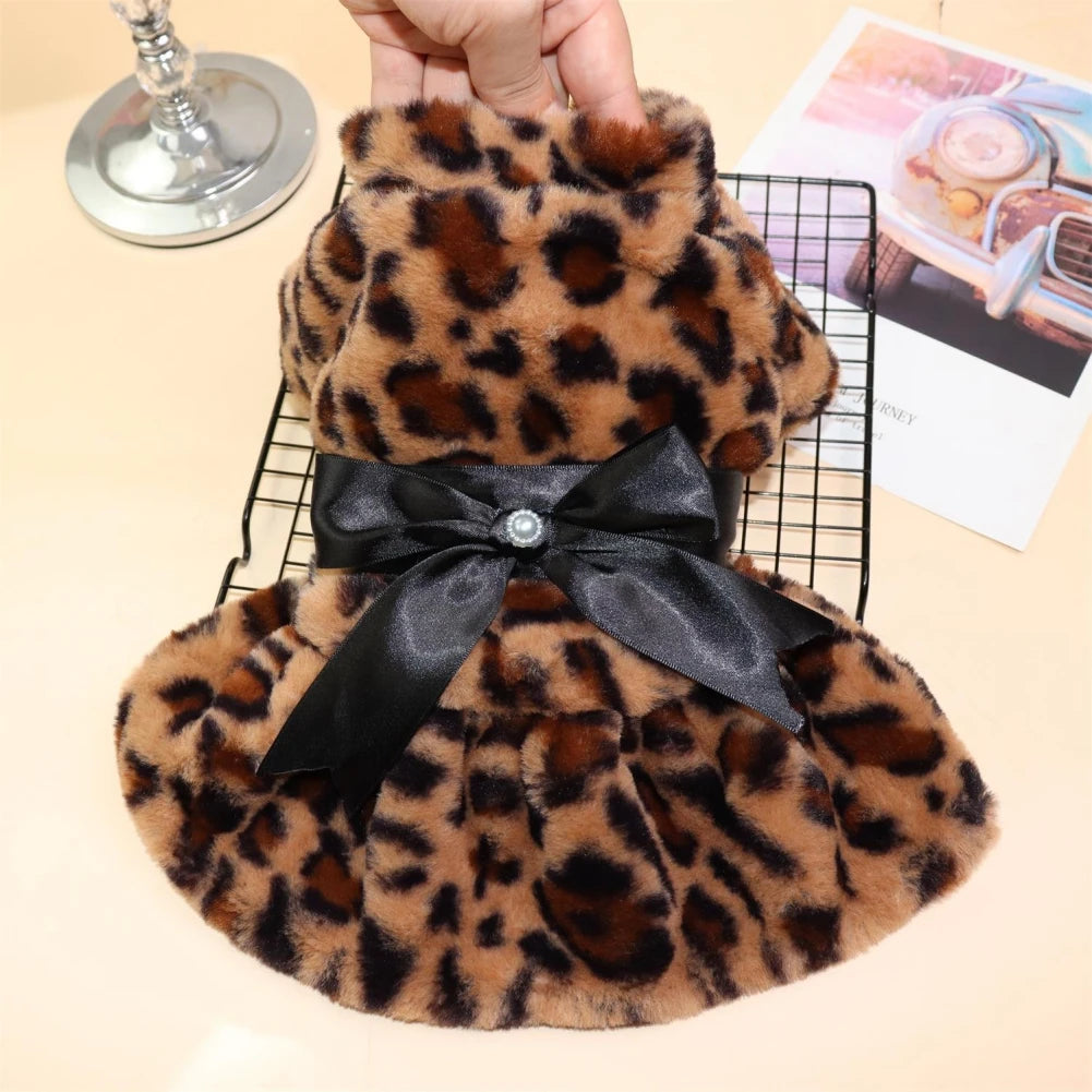 Winter Autumn Pet Warm Fashion Color Skirt Fleece Warm Rainbow Candy Color Cute Plush Skirt Leopard Print Bow Dog Clothes Dress