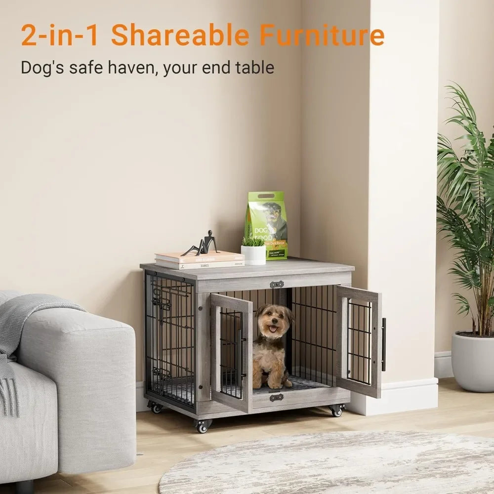 Dog Kennel Indoor Double Doors Wooden Dog Cage,  Heavy Duty Dog Crate with Cushion&Wheels,Decorative End Table Pet House