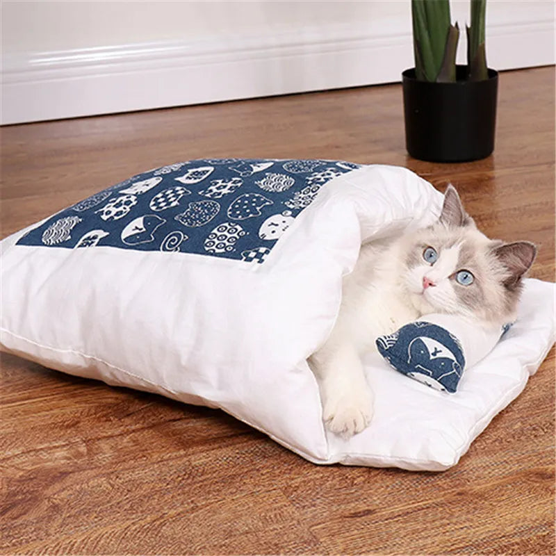 Cat Bed Warm Cat Sleeping Bag Deep Sleep Cave Winter Removable Pet House Bed for Cats Dogs Nest Cushion with Pillow