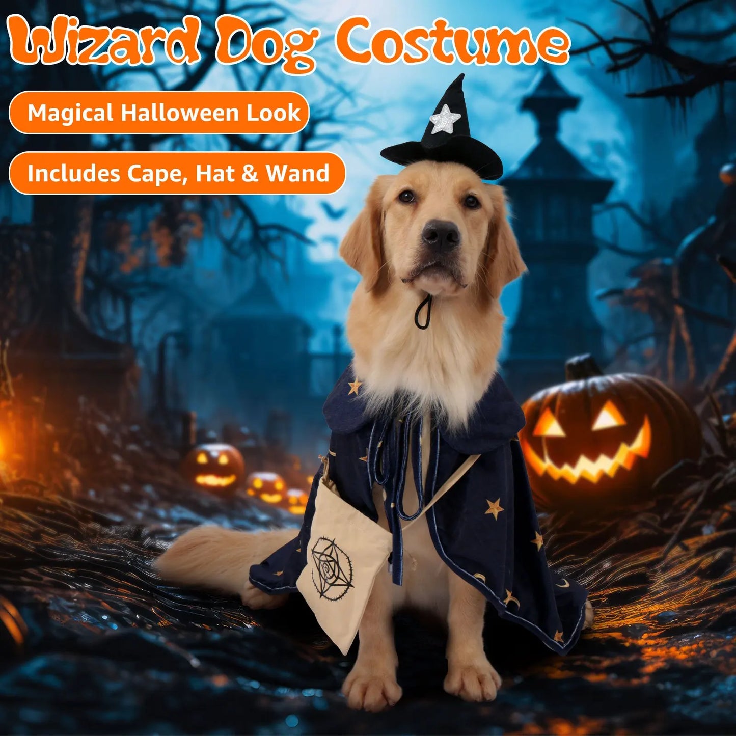 Halloween  Dog Outfit with Attached Treat Pocket Cape and Matching Hat for small middle Large Deluxe  Breeds