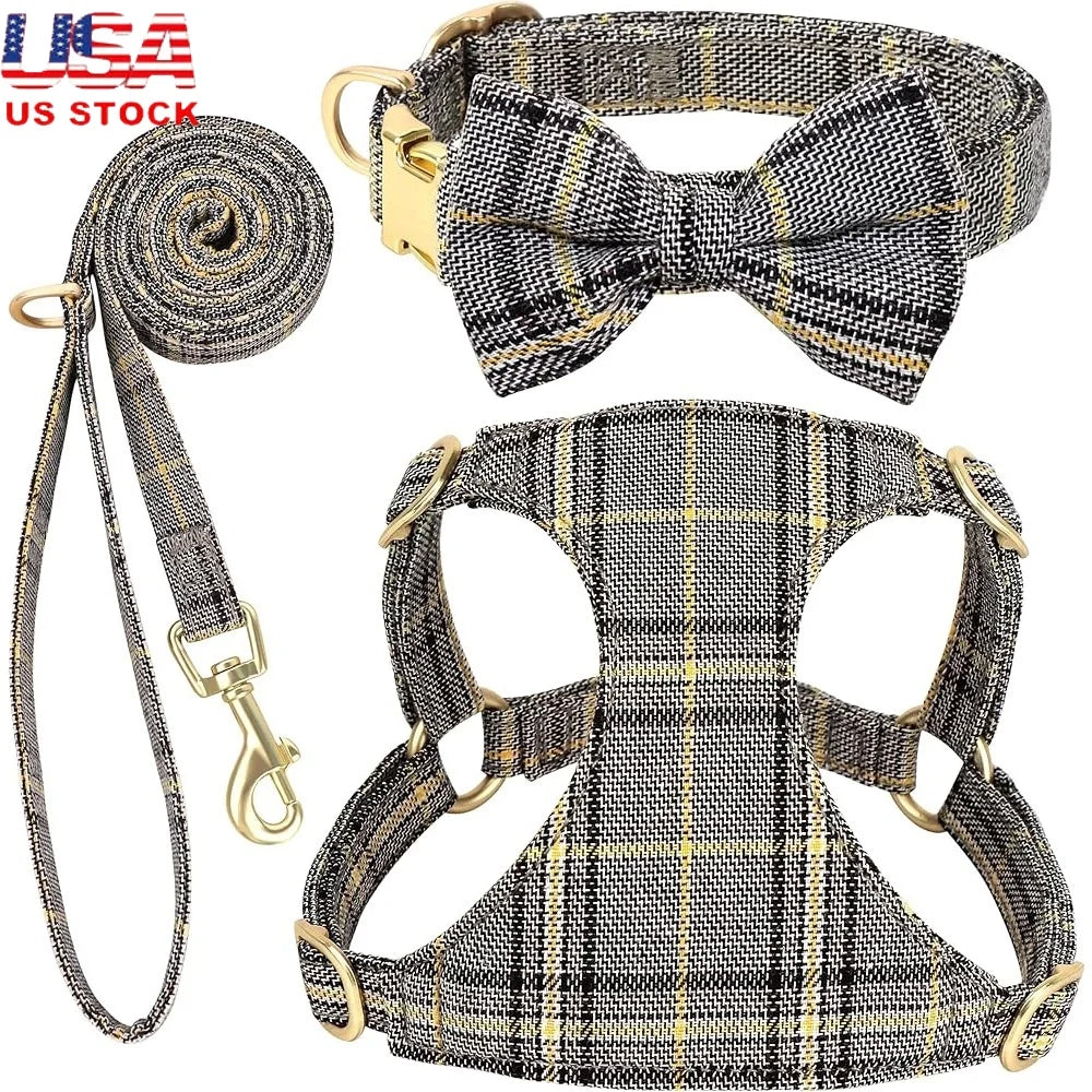 Cute Small Dog Harness Set Adjustable Soft Plaid Pet Collar Leash Bowtie Puppies Walking Parties Comfort Durable Design
