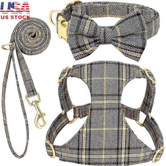 Cute Small Dog Harness Set Adjustable Soft Plaid Pet Collar Leash Bowtie Puppies Walking Parties Comfort Durable Design