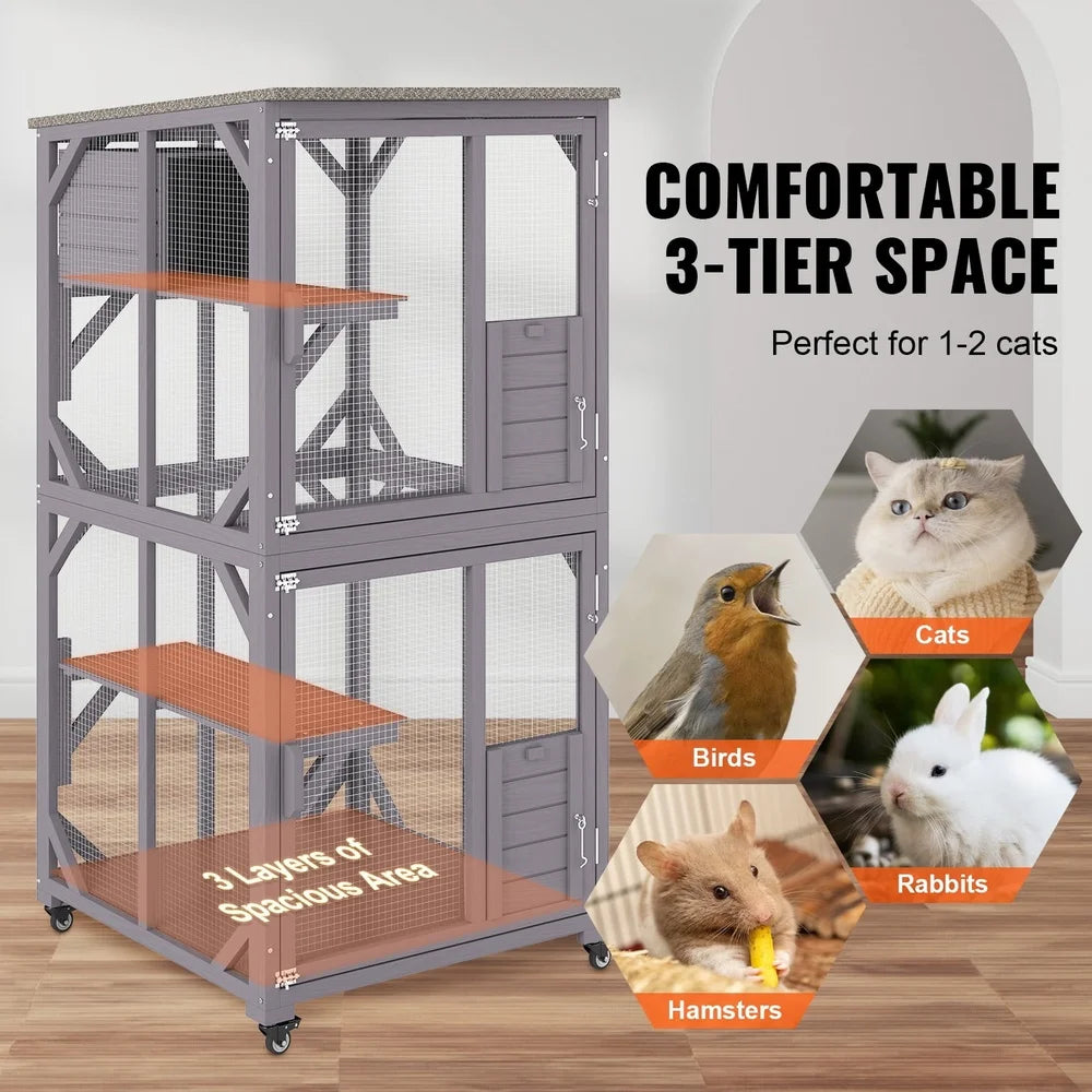 3-Tier Outdoor Cat House with Waterproof Roof Galvanized Wire Mesh Lockable Wheels Easy Mobility Large Playpen Cats