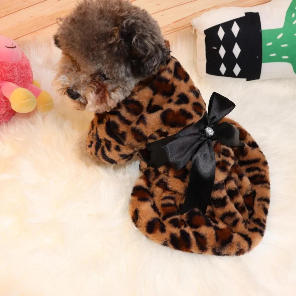 Winter Autumn Pet Warm Fashion Color Skirt Fleece Warm Rainbow Candy Color Cute Plush Skirt Leopard Print Bow Dog Clothes Dress