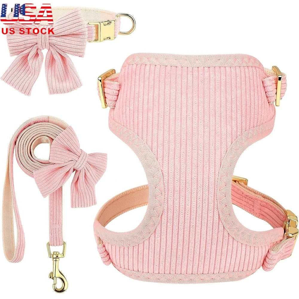 Cute Adjustable Dog Vest Harness Collar Leash Set Soft Mesh Breathable Comfort Bowtie Small Pets