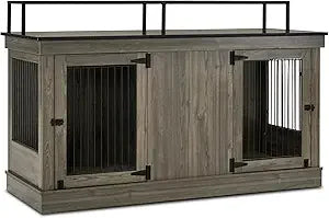 Large Dog Crate Furniture TV Stand, Wooden Pet Kennel with Double Doors, Indoor Furniture Style Dog House End Table, 1861 (Ligh