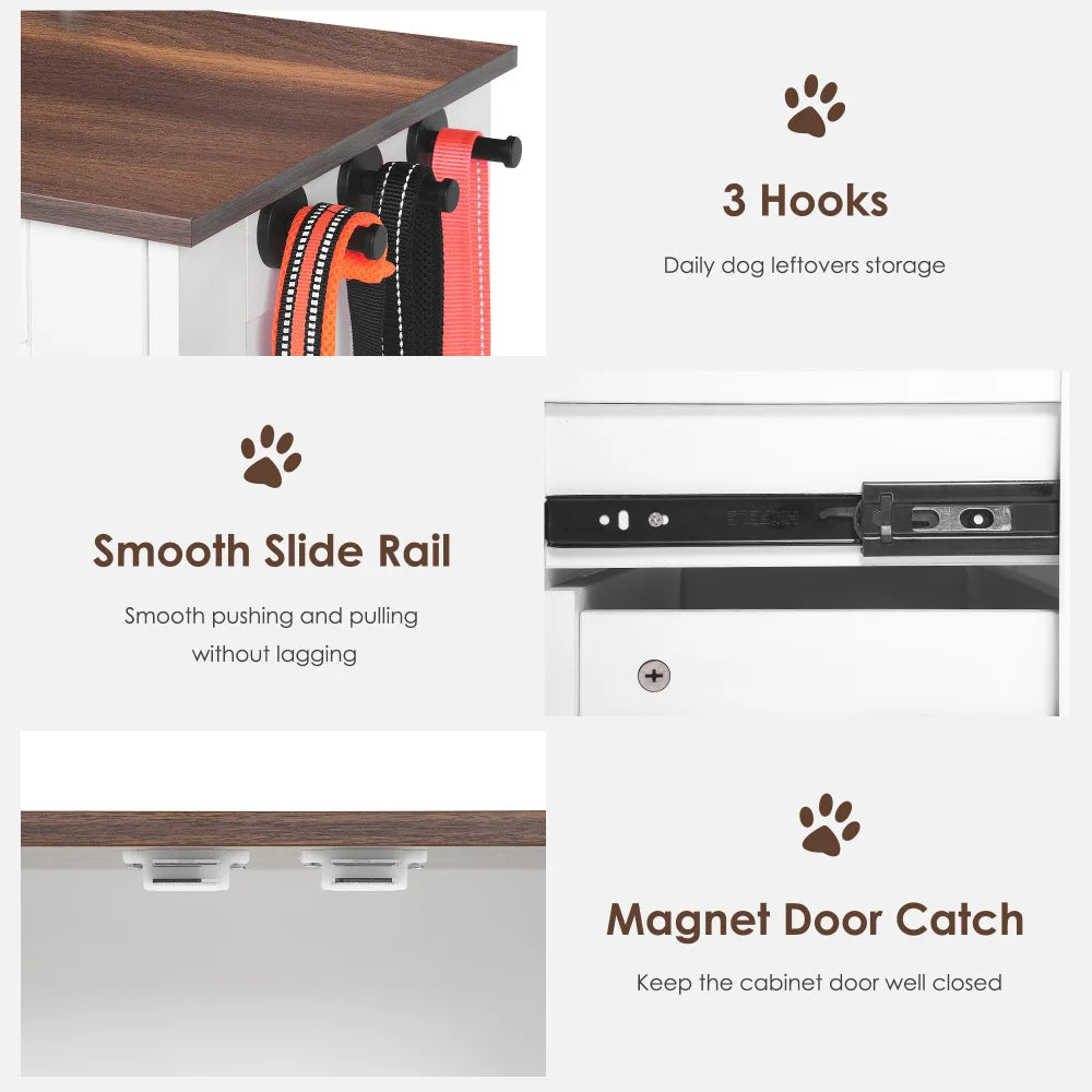 Dog feeding station, double door locker with 2 adjustable dog bowls, 3 hooks on right side, white