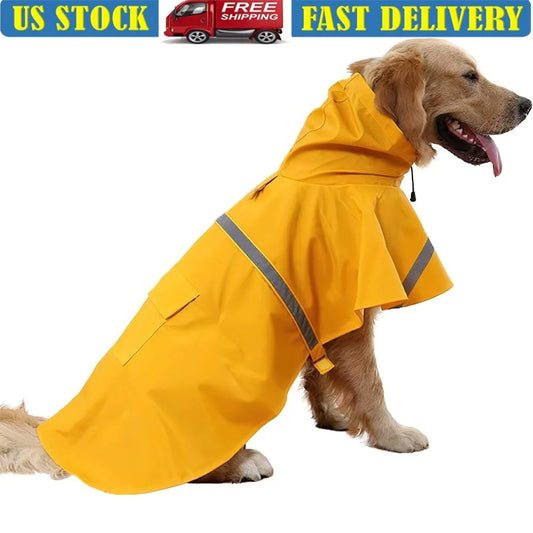 Large Dog Raincoat Waterproof Adjustable Lightweight Pet Poncho Hoodies Reflective Strip Outdoor Rain Jacket Wet Weather