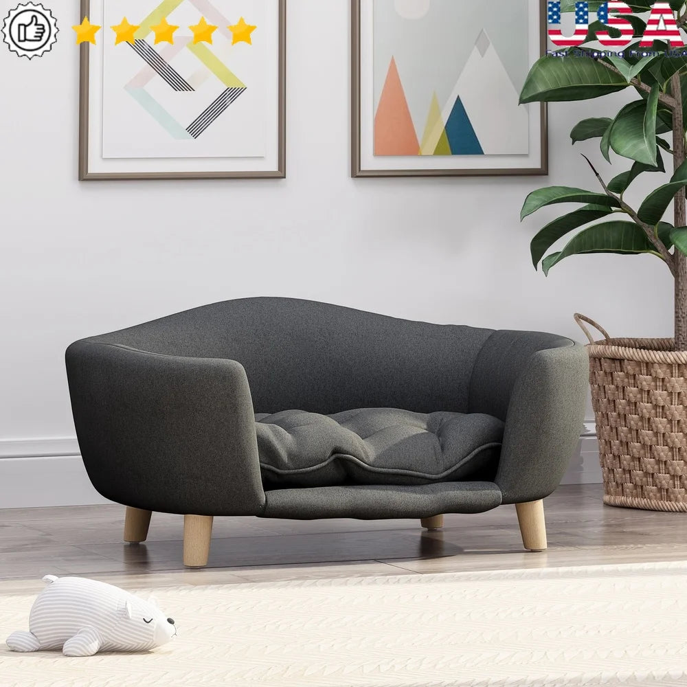 Mid Century Modern Plush Pet Bed Small Dogs with Birch Wood Legs Cozy Tufted Cushion Durable Stylish Design