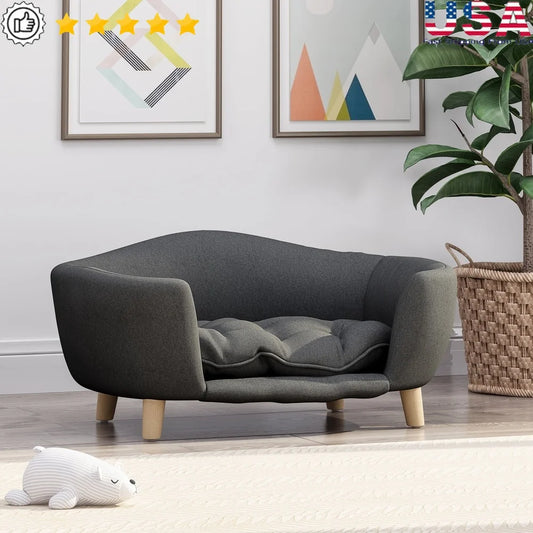 Mid Century Modern Plush Pet Bed Small Dogs with Birch Wood Legs Cozy Tufted Cushion Durable Stylish Design