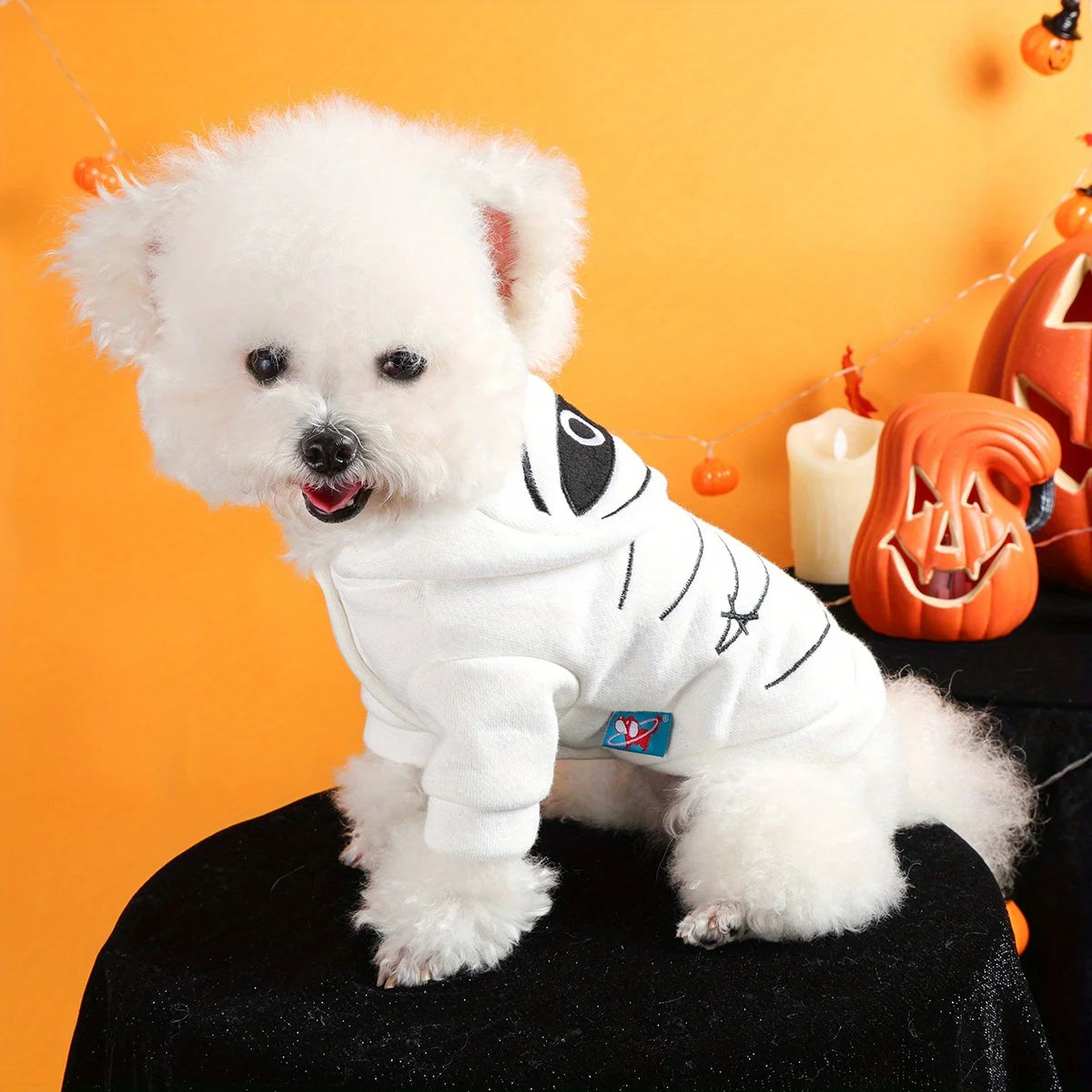 Halloween Mummy Sweater Pet Clothes Dog Cat White Warm Funny Embroidered Open Button Hooded Jacket