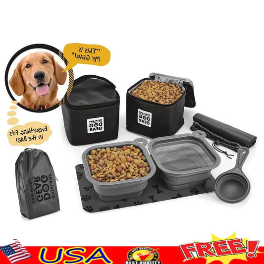Pet Travel Food Set Collapsible Dog Bowls Carrier Scoop Placemat Drawstring Bag Mess-Free Supplies Medium Large Dogs