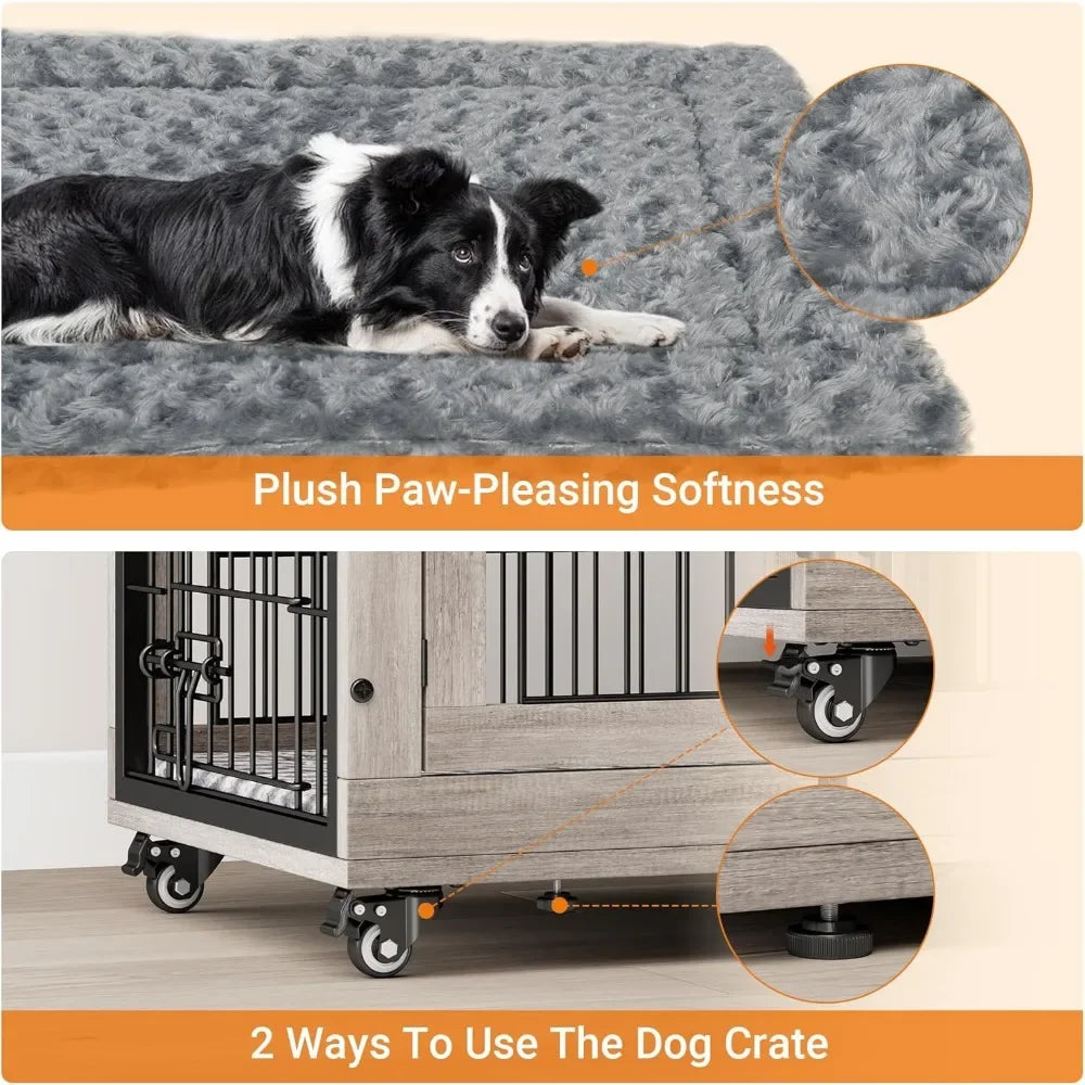 Dog Kennel Indoor Double Doors Wooden Dog Cage,  Heavy Duty Dog Crate with Cushion&Wheels,Decorative End Table Pet House