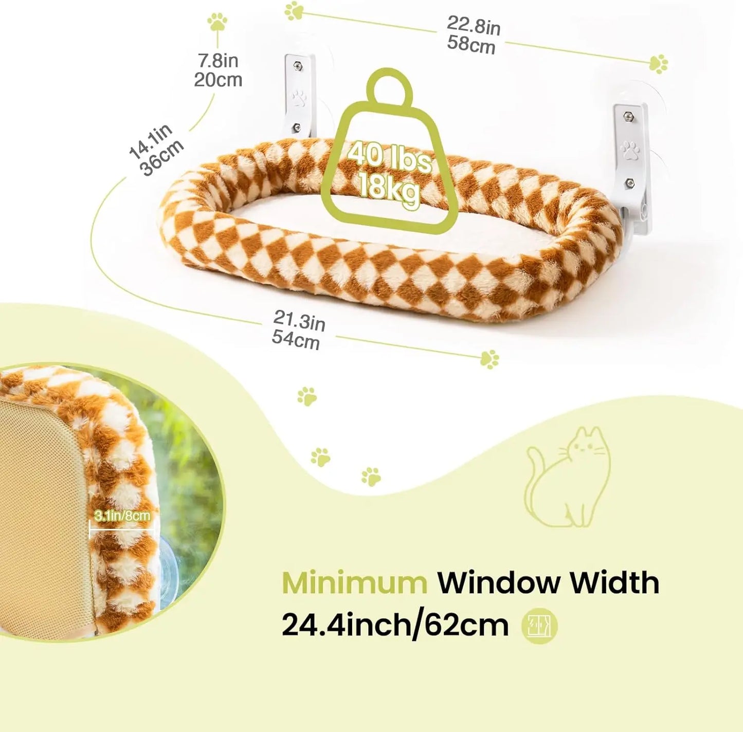 Mewoofun Foldable Cat Window Perch with 4 Strong Suction Cups  Cat Window Hammock Removable Soft Cover White Brown Green
