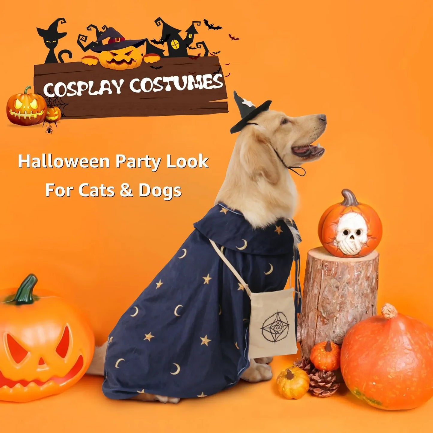 Halloween  Dog Outfit with Attached Treat Pocket Cape and Matching Hat for small middle Large Deluxe  Breeds